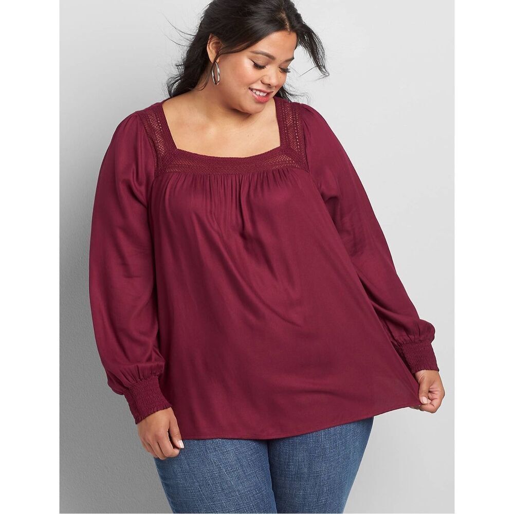 Lane Bryant Top Blouse Square-Neck Lace-Trim Long Sleeve NEW Mysterious Purple P